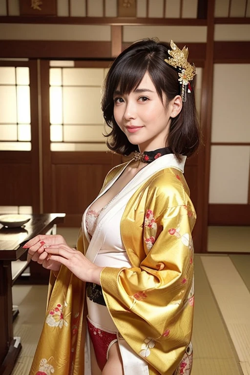 (facing back:1.2)、 (high-level image quality、hightquality、hight resolution、masterpiece、detaileds)、(There is a cute girl)、Smile looking at camera、(Pure Japanese hairstyle with a hairpin)、(Light brown hair)、((being thin:1.3))、((Small:1.3))、(Bra and panties with large kimono-style decorations:1.2)、She wears a collar, bangles, and a kimono-style garter belt.、(He holds a large golden dragon in both hands.:1.2)、The pose is so cute and nice、(Pure Japanese room in a big old house:1.2)