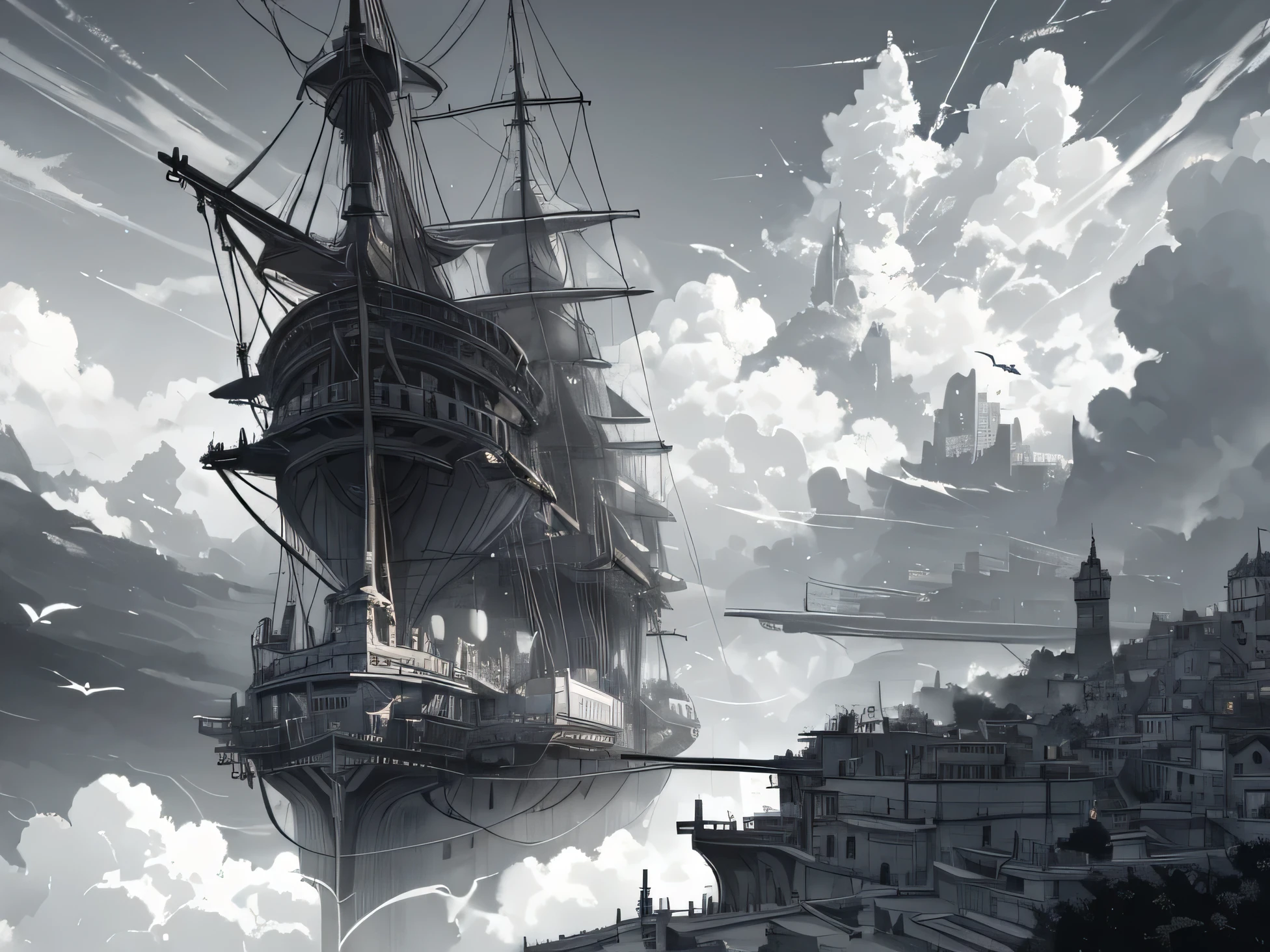 (best quality,4k,8k,highres,masterpiece:1.2), medium:airships floating around floating city, small airships, (multiple airships), floating city, city's harbour, harbor, mechanical, huge, crowded, antique,steam-powered,overcast sky, industrial,gritty,weathered,majestic,grand, airship fleet, full of character, impressive, high above the ground, simplified, clean lines, vintage, retro, lively, active, bustling, exciting, moving, motion, seen from a distance,eye-catching, rumbling engines, whistling steam, clouds of exhaust,floating platforms,expanding horizon,sturdy,,adventurous,enchanting ambiance,unforgettable moment, steampunk, lineart, (monochrome), (manga), anime, masterpiece, 8K, Magic fantasy 3D concept art, Amazing concept art, Cinematic scene, hero view, best quality, high quality, highres, greg rutkowski, scenery, sky, cloud, day, outdoors, neowrsk, Tsukasa Abe