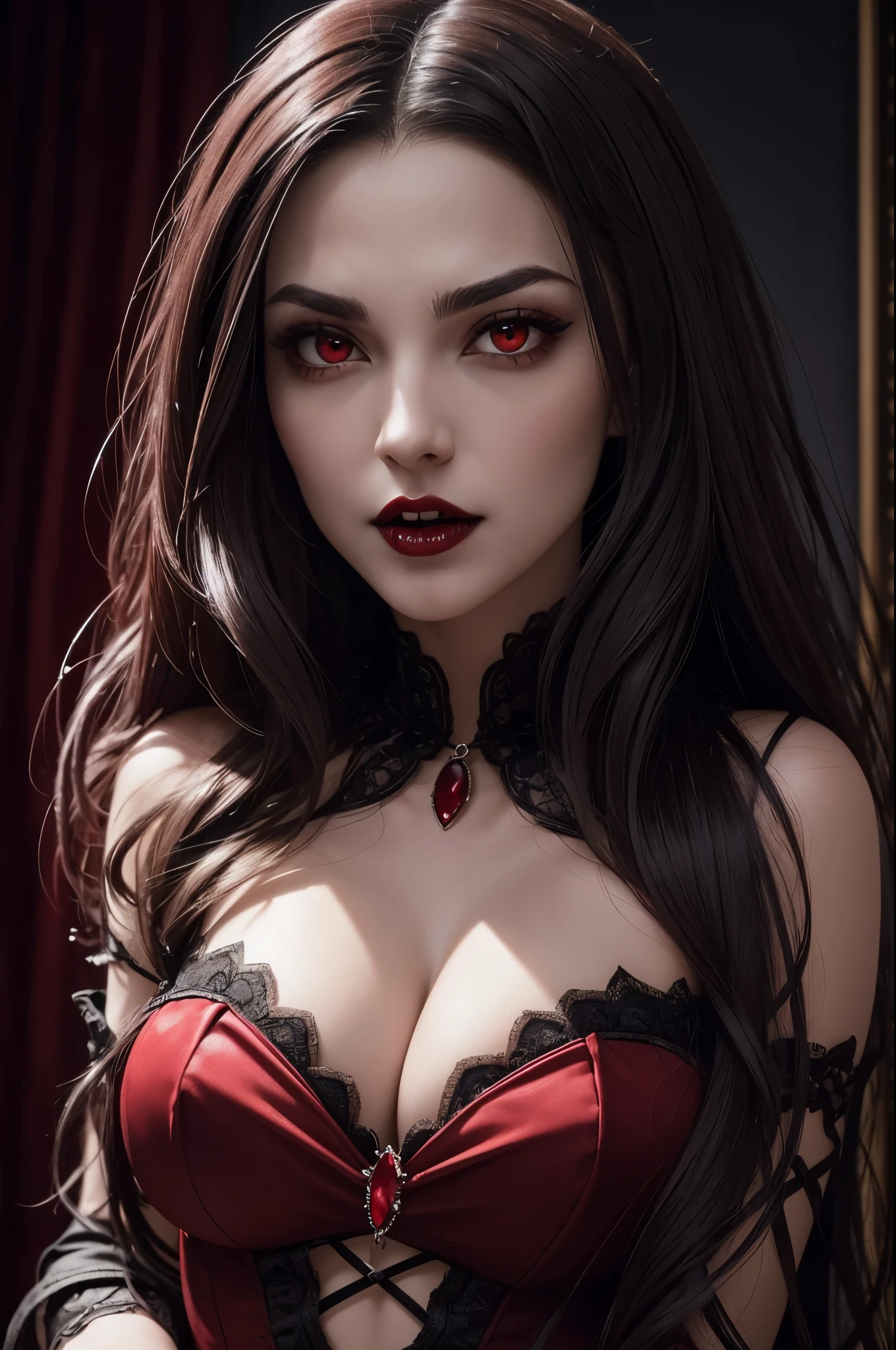8K,(Sharp Focus:1.1) vampire queen,((His mouth was covered in blood)), Blood drop, Blood-stained hair, Ruby tiara, laced dress, Cleavage is seductive, Looking, dark shadow, Intensity, fanaticism, 8K, high quarity, intricate detailes, closeup cleavage, Glowing red eyes,You can see the vampire's big fangs,large full breasts,