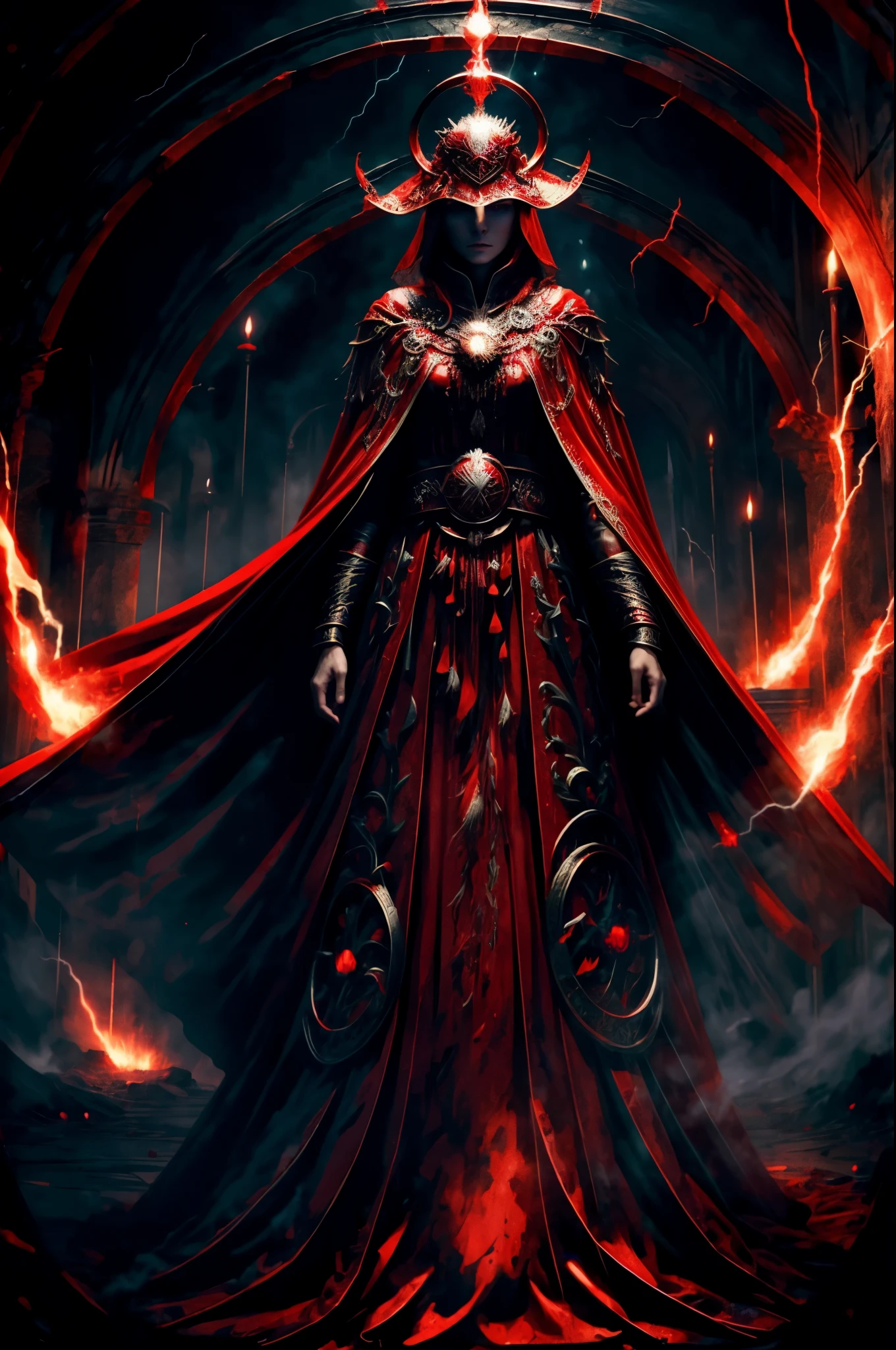 A blood man mage, detailed red tunic, torn red cape, majestic scepter, red aura, dark and mysterious atmosphere, ancient ruins, flickering candlelight, intricate blood magic runes, intense concentration, sinister smile, blazing fire in the background, ominous shadows, glowing red eyes, arcane symbols, mystic energy, swirling clouds of crimson mist, blood-stained hands, powerful incantation, lightning bolts swirling around, ominous chanting, ethereal whispers, eerie silence, foreboding presence, blood-red moon, eerie moonlight, hauntingly beautiful, intense magical power, malevolent presence, spellbinding mastery. --s 1000