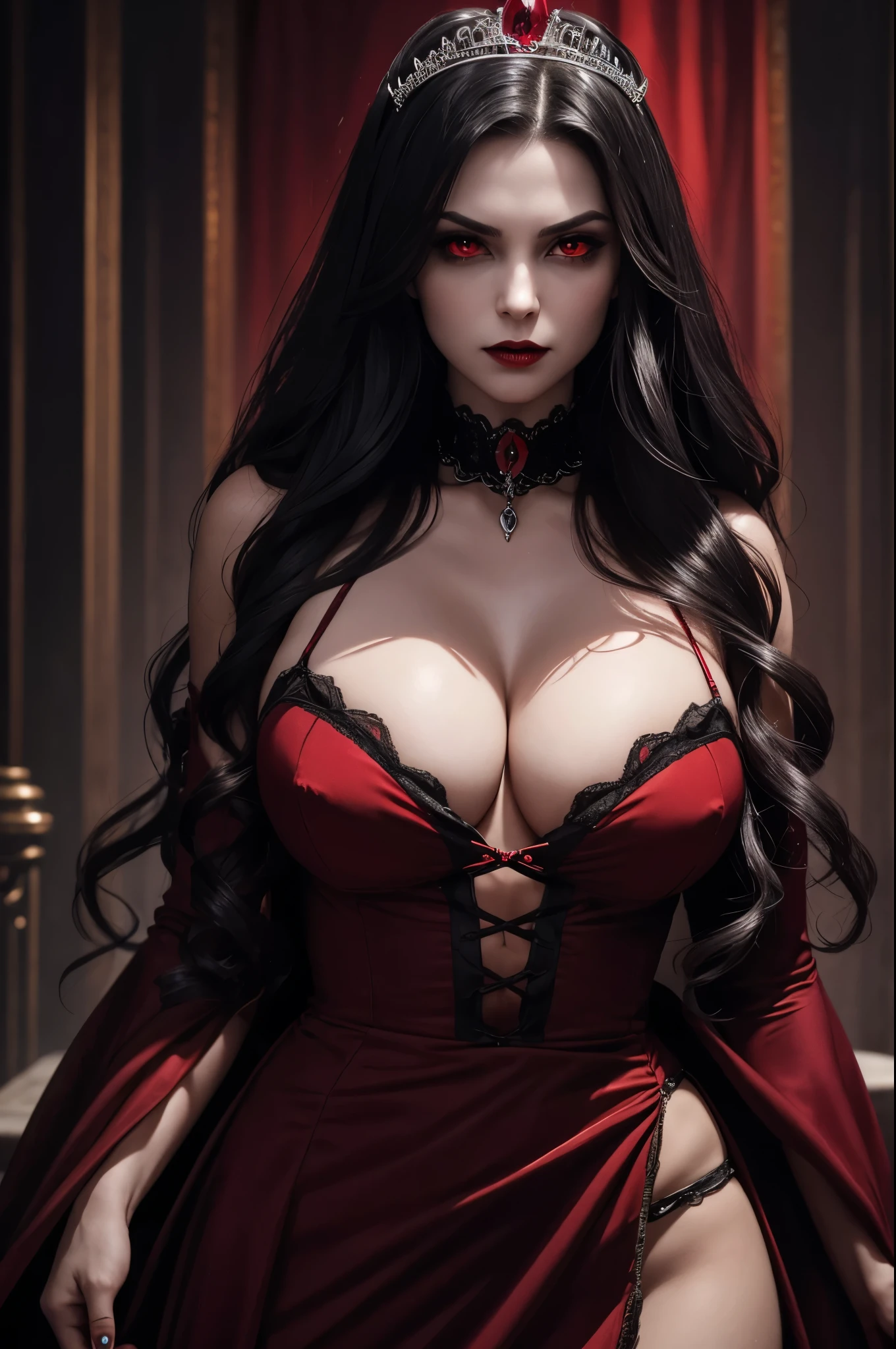 8K,(Sharp Focus：1.1） vampire queen,（(His mouth was covered in blood)）， Blood drop， Blood-stained hair， Ruby tiara， laced dress， Cleavage is seductive， Looking， dark shadow， Intensity， fanaticism， 8K， high quarity， intricate detailes， closeup cleavage， Glowing red eyes，You can see the vampire&#39;s big fangs,large full breasts,