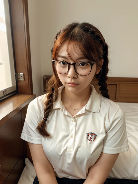 Korean Asian woman wearing glasses and headphones sitting on the bed, with glasses, korean girl, thick glasses, age is 18 years old, 2 2 years old, thicc, 21 years old, beautiful asian girl, asian girl, young and cute girl, with glasses on, spectacled, cutecore, big glass, Cat girl is so cute...,japanese school uniform,braid,Red-Haired