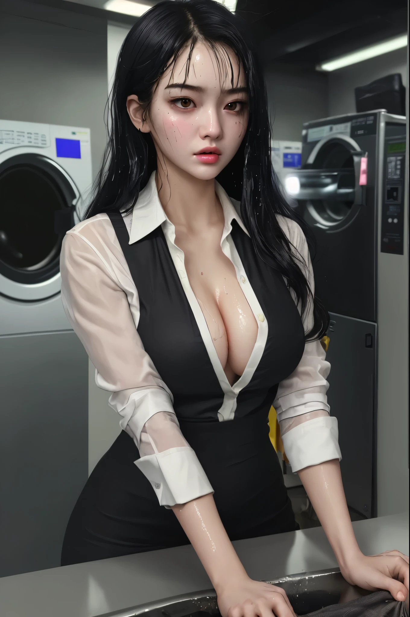 ((best quality)), ((masterpiece)), (ultra details), 1girl, cute face, k-pop idle , black hair, soaking wet ,wet through, sexy, upper body, wearing dress shirt, taking off business shirt, black long tights, sad face, looking away night, midnight, fluorescent light, neon deep cleavage, arranged tits background coin laundry, self-service laundry, laundromat