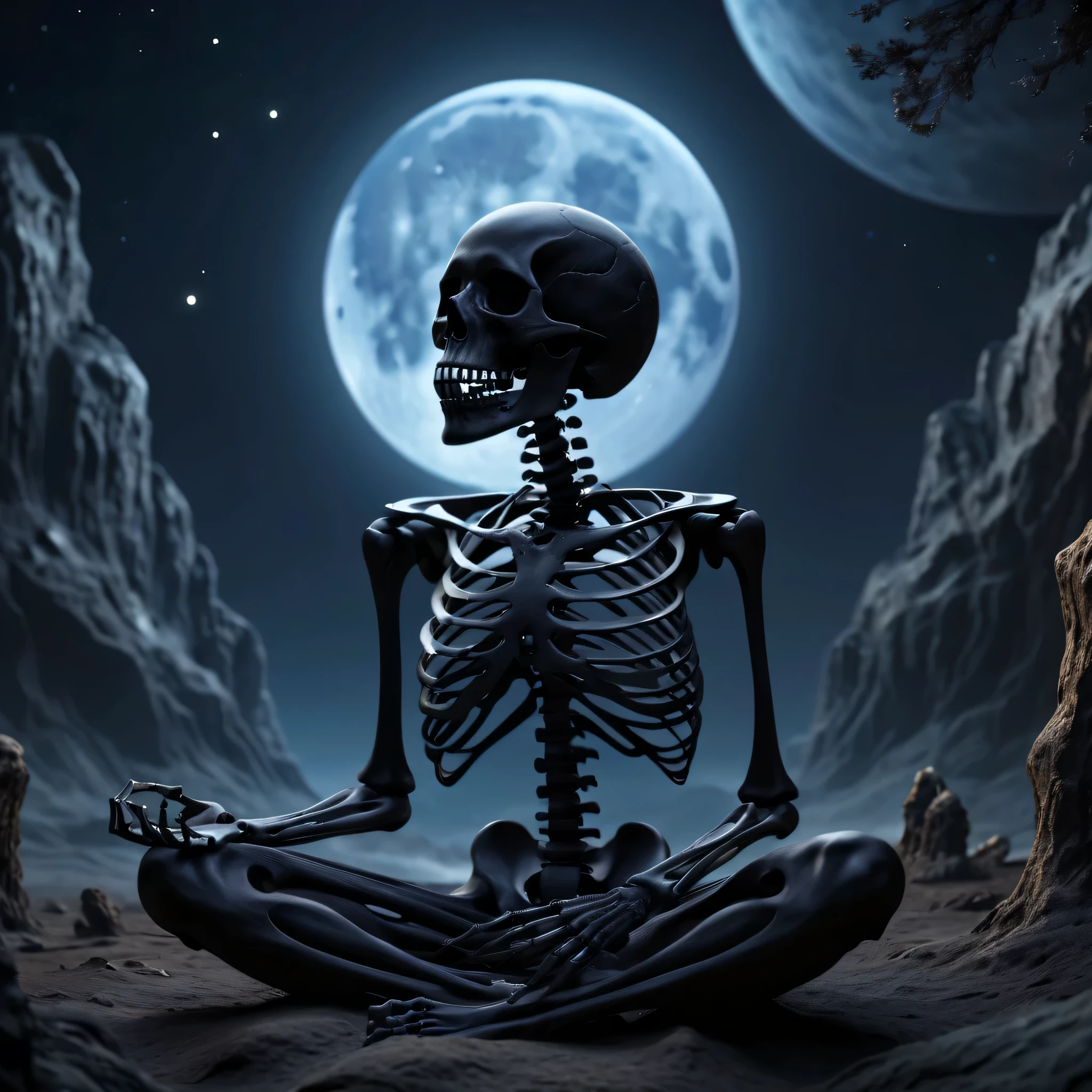 (Best Quality,4K,8K,hight resolution,masutepiece:1.2),Ultra-detailed,realistic black metallic skeleton,universe,fullmoon,planet,A meditative,dead body,passion:1.2