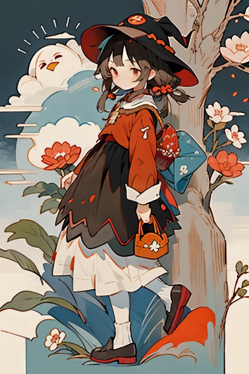 1menina (Megumin), bird, guarda-chuva, cabelo longo, ao ar livre, vestido, solo, red eyes, segurando, vestido branco, flor rosa, flor, short shoes, cabelo castanho, dia, segurando guarda-chuva, Petals, bolsa, escadas, mangas longas, olhando para o espectador, meias, meias brancas, sapatos, heaven, franja, looking behind, flores de cerejeira, colarinho marinheiro, flor de cabelo, heaven azul, standingn, ornamento de cabelo, arco, tree