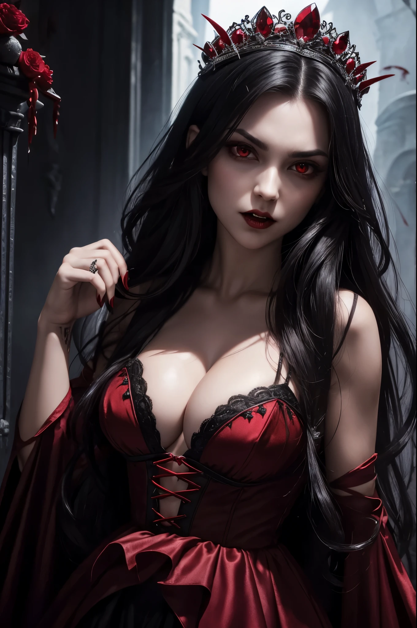 8K,(Sharp Focus:1.1) vampire queen,((His mouth was covered in blood)), Blood drop, Blood-stained hair, Ruby tiara, laced dress, Cleavage is seductive, Looking, dark shadow, Intensity, fanaticism, 8K, high quarity, intricate detailes, closeup cleavage, Glowing red eyes,You can see the vampire's big fangs,large full breasts,