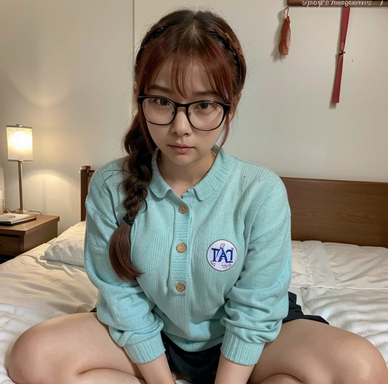 Korean Asian woman wearing glasses and headphones sitting on the bed, with glasses, korean girl, thick glasses, age is 18 years old, 2 2 years old, thicc, 21 years old, beautiful asian girl, asian girl, young and cute girl, with glasses on, spectacled, cutecore, big glass, Cat girl is so cute...,japanese school uniform,braid,Red-Haired