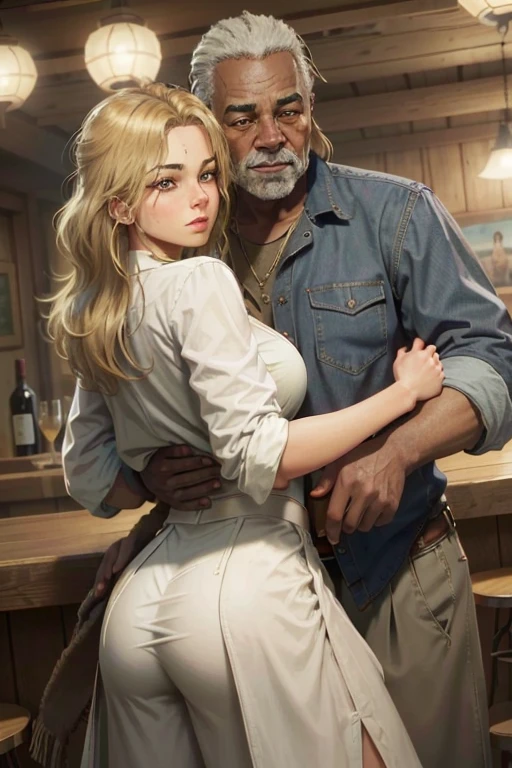 (master part, best quality:1.3) 
RDRAbigail, 1 beautiful sexy blonde girl with a big ass hugging a 90 year old black man, cabelos longos, Realistic, tiro completo , bar na cobertura, Noite, lively and energetic with a mix of natural and arteificial light 4k, 8k, trending on artestation, arte