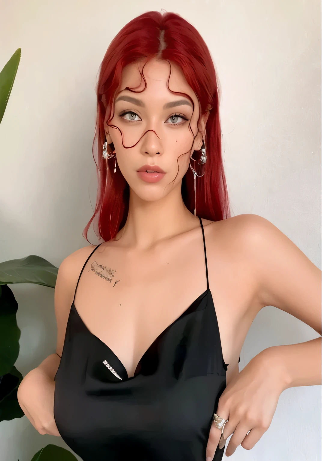 a close up of a woman con el pelo rojo wearing a black dress, con el pelo rojo, Cabello rojo y rasgos atractivos, red tinted hair, con el pelo largo y rojo, con cabello rojo rizado, peluca roja, Diosa pelirroja, Ella tiene el pelo rojo, crimson red hair and red eyes, cabeza roja, 18 years old, Cabello rojo ondulado y vibrante, cabello rojo brillante