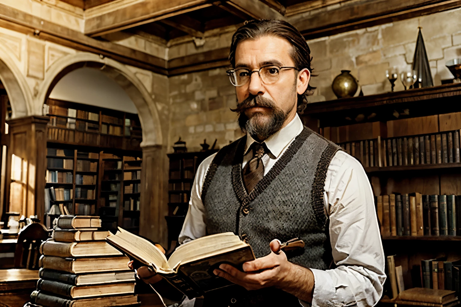 Autumn of 1910, cool weather, soft light, steampunk, (dark academia), Edwardian, ((Library)), farmhouse in the South of France, limewashed walls, brick floor, (tall ceiling), wooden bookcases with glass doors, ((wide perspective of the room)), view from a distance, ((desk)), books on desk, art history books, vintage lampshade, 50-year-old man, reading, ((looking down at book)), looking sideways, ((hook mustache)), white shanks, thin beard, short beard, ((pointy beard)), gray hair, short hair, wavy hair, ((hair combed from right to left)), ((Italian nose)), ((small chin)), small brown eyes, ((round glasses)), thin mouth, elegant, (grey tweed vest)