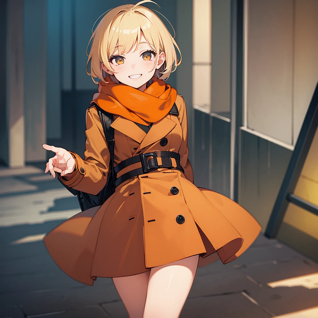 Masterpiece, 1 girl, smiling, scarf, coat, short skirt, short blonde hair, orange scrunchie,