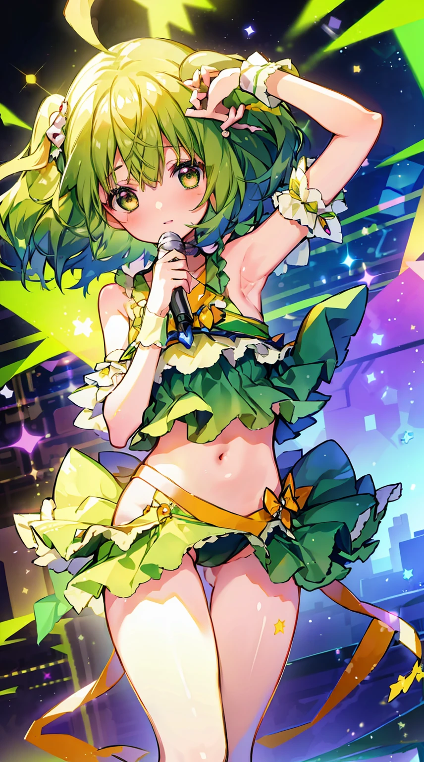 Masterpiece, Best Quality, hight resolution, 1girl in,green color,luminous effect,twinkle twinkle, Solo, Holding the microphone in her hand, slender, thighs thighs thighs thighs, concert, Spotlight, (小さなthighs thighs thighs thighs:1.6)