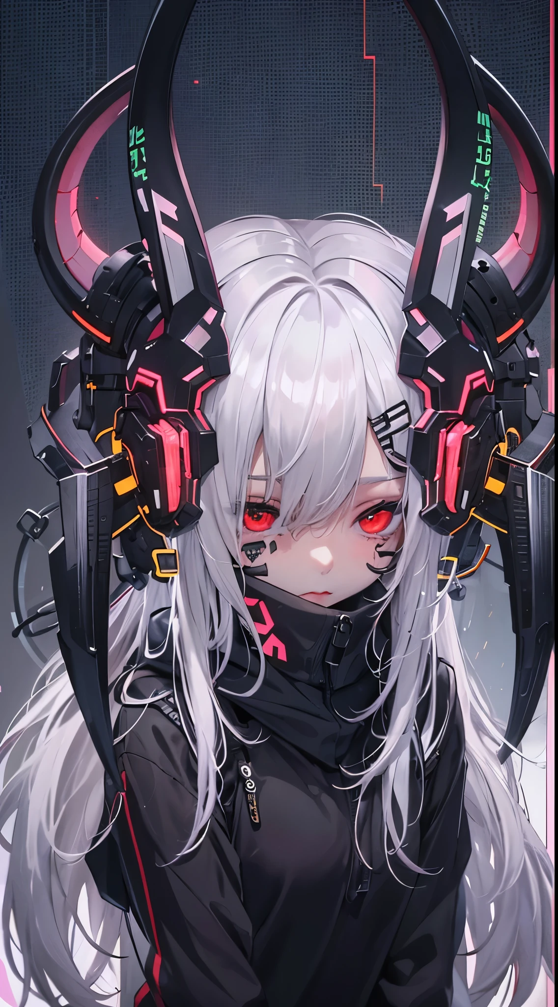 1 girl, white hair, oversized black hoodie, cyber daemon, loli, cyberpunk, ((cyber horns)), red eyes, cyberware, dreamy cyberpunk girl, cyberpunk art ultrarealistic, oni mouth mask