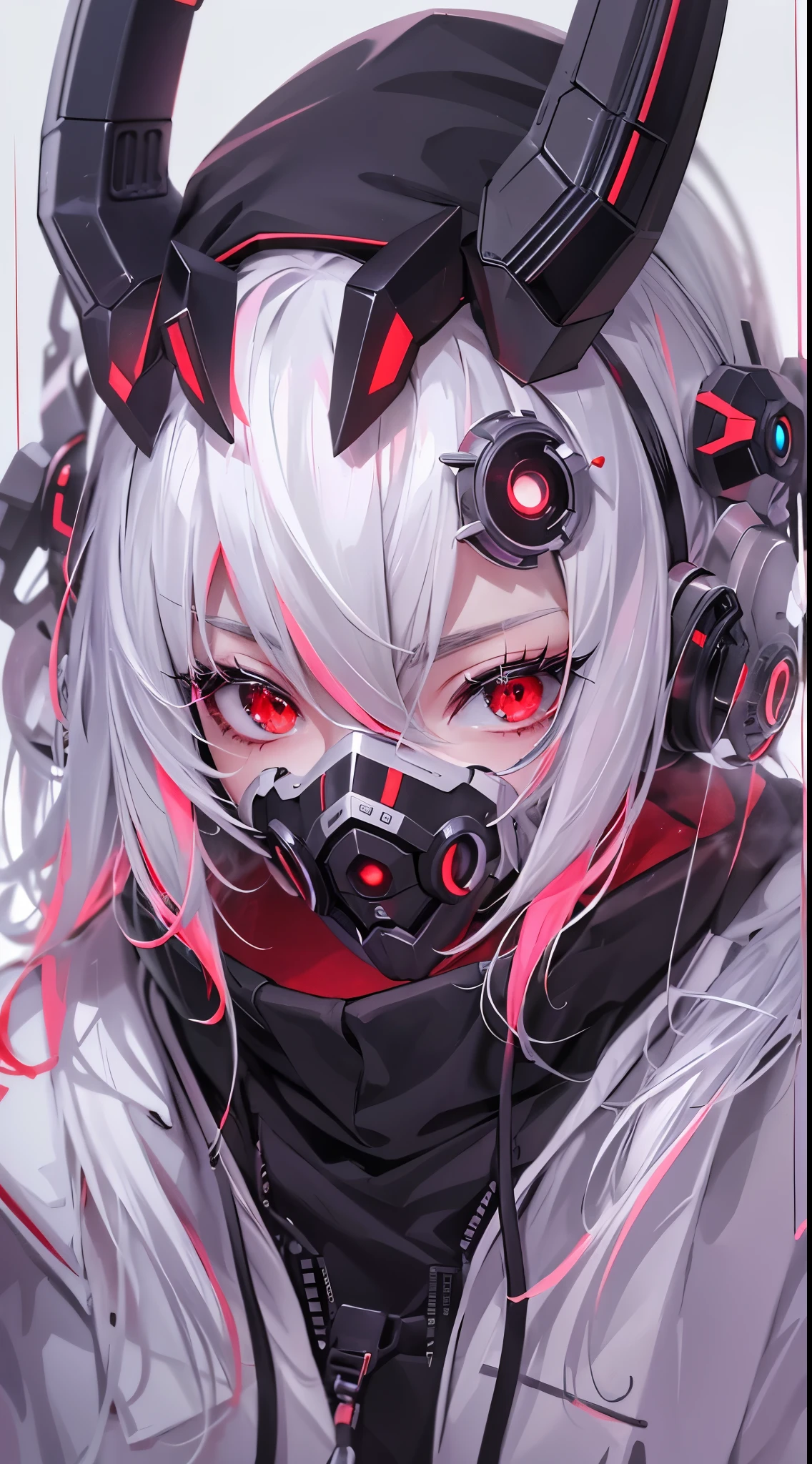 1 girl, white hair, oversized black hoodie, cyber daemon, loli, cyberpunk, ((cyber horns)), red eyes, cyberware, dreamy cyberpunk girl, cyberpunk art ultrarealistic, cybernetic hands, prosthetics, oni mouth mask