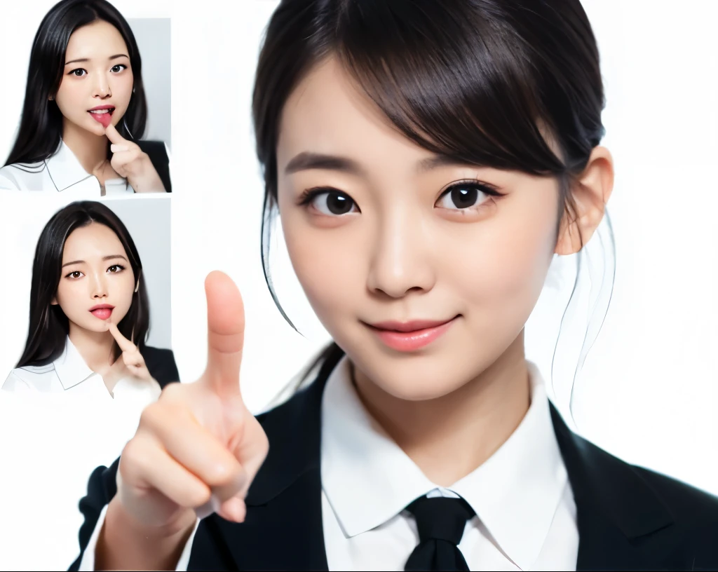 Best quality:1.5, masterpiece,Raw photo, 8k, photo realistic:1.6,(a Japanese cute business woman:1.88), (solo:1.88), 20-35 years old, (detailed face:1.5), BREAK ,detailed eyes, ponytail,standing,  (simple white background:1.77), ((no background:1.8)), (business lecture:1.5),(open mouth:1.3),talking, BREAK,(doing presentation:1.7), gentle smile, laughing:1, ( pointing with her right  hand:1.5), (wearing a black business suit over a white shirt:1.76), (no necktie:1.6),  BREAK ,(round face:1.4), (arm up:1), (light makeup:1), (no eye rush:1), (no eyeliner:1), round face:1.5, (upper body:1.2), (side view:0.58), (no audience:1.5), looking at viewer:1.4