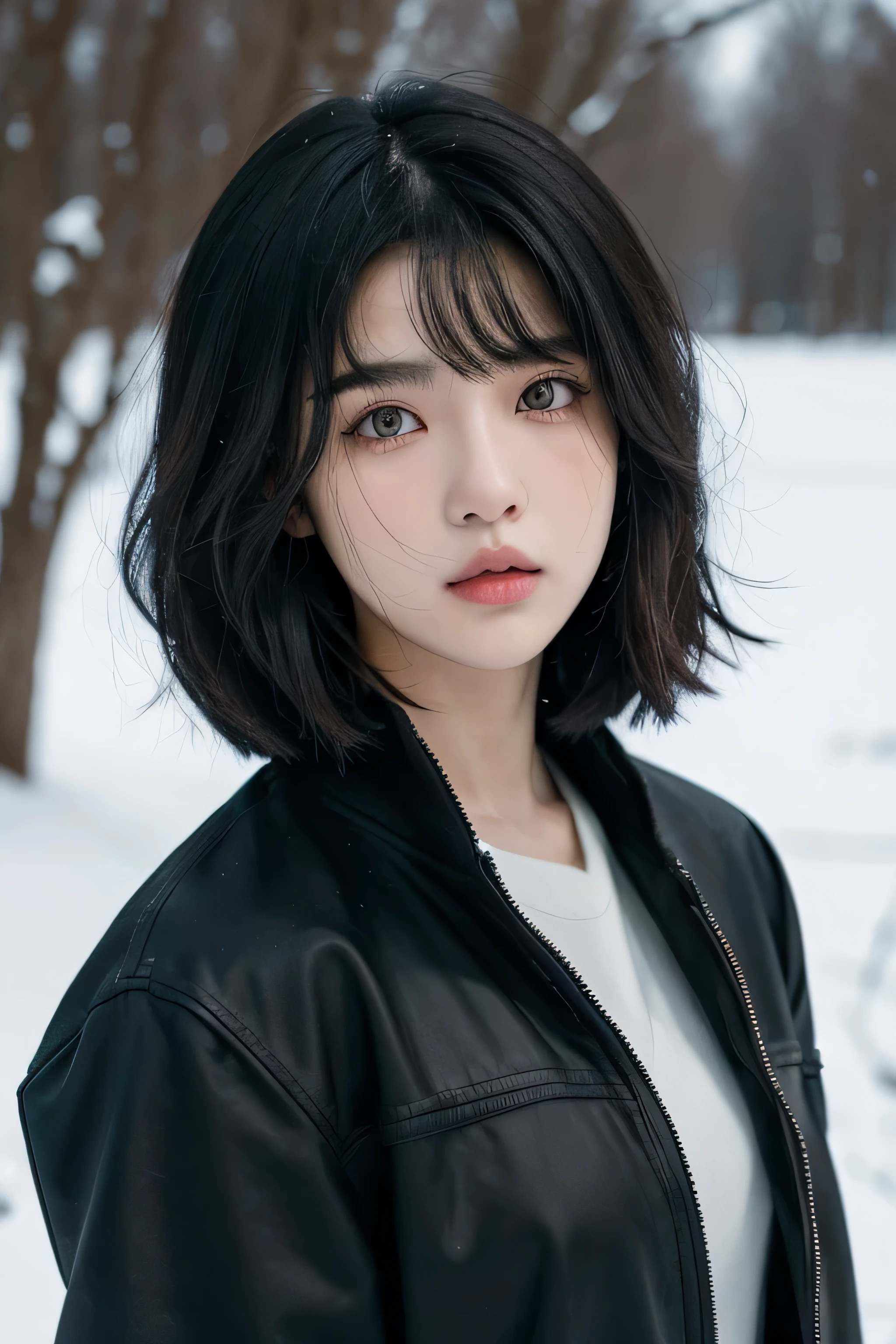 A young asian high school girl, wolfcut hairstyle, black hair, pitch dark brown eyes, raw photo, 1 close half body shot, ultra high res, cold light, hunter eyes, dominant woman
