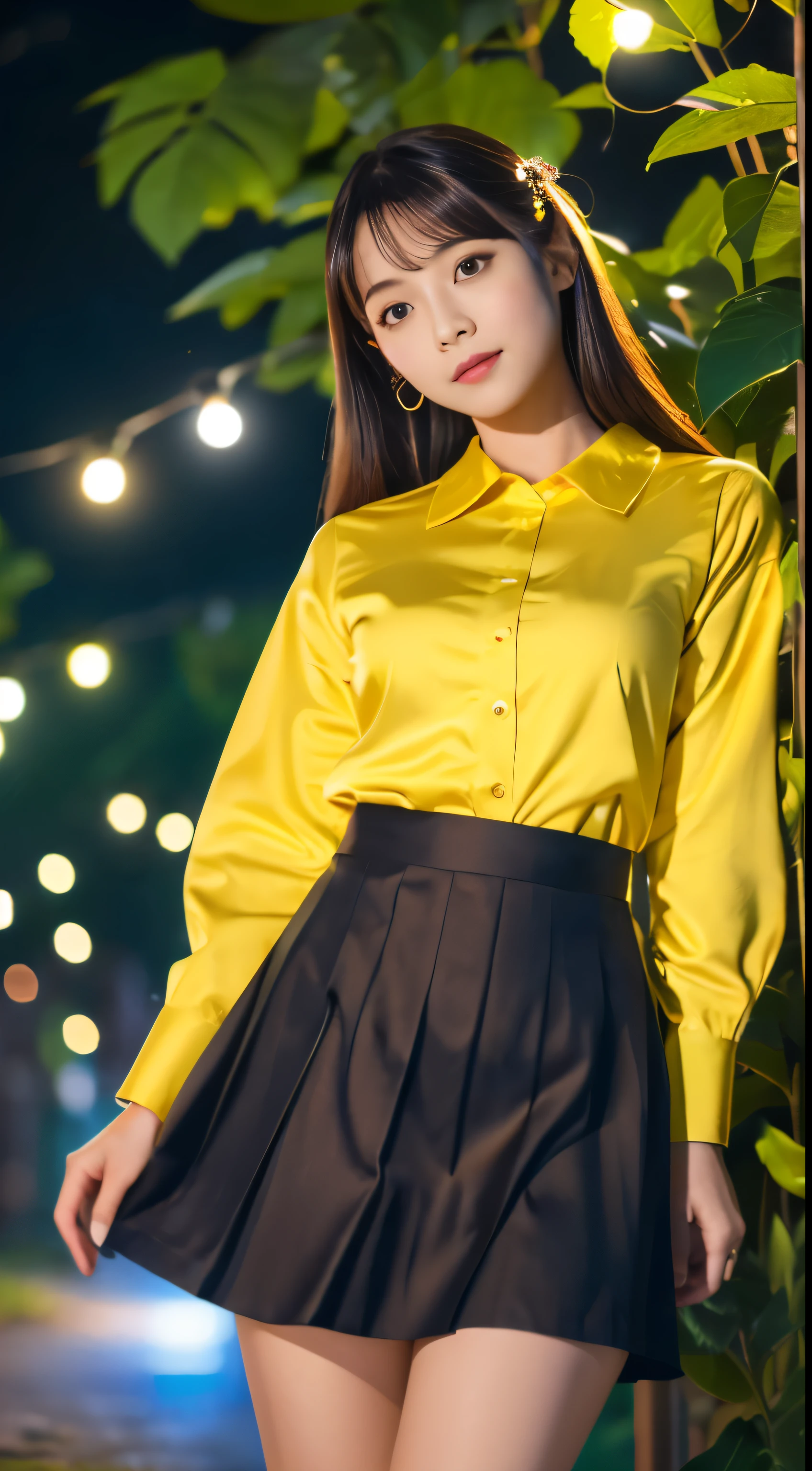 Unparalleled beauty details,(8K, of the highest quality, masutepiece: 1.2), (Realistic, photoRealistic: 1.37), Super Detail, One girl, Wide-angle angle of view, Firefly Garden, There are many small faint lights and fireflies flying around, Night,Full body high definition,yellow satin tight skirt,Blue shirt,