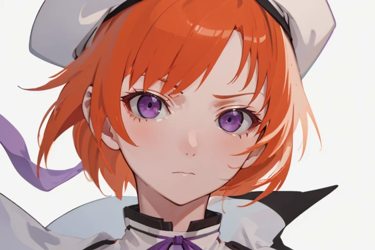 1girl in,White beret,Orange hair,short head hair,Ace in white coat close up,Purple Ribbon,serious facial expression