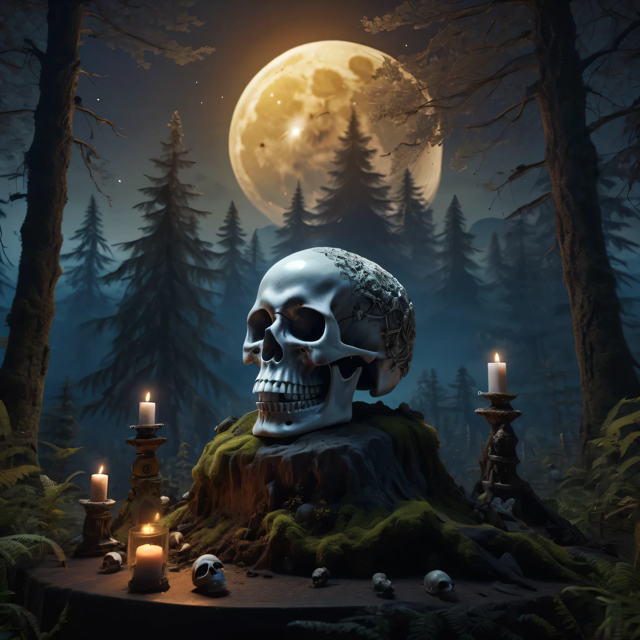 (Best Quality,8K,High resolution,masutepiece:1.2),Ultra-detailed,Eerily realistic crystal skull,elaborate corpse,A forest littered with skeletons, an altar made of skeletons,,mountain background,scary theme,Full Moon Night,horror festival setup