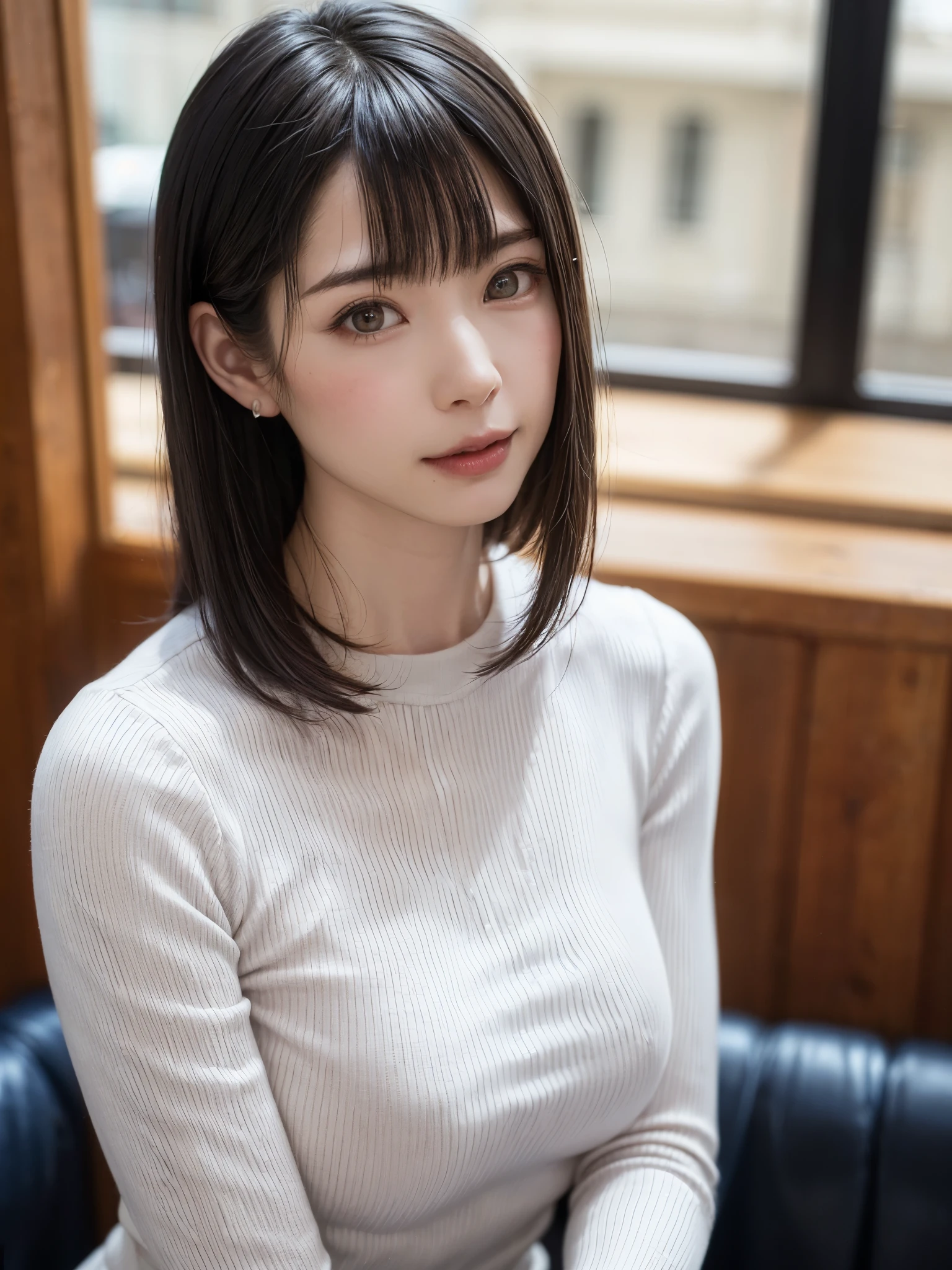 (masutepiece, top-quality、high-detail:1.4、Very attractive beauty、Add intense highlights to the eyes、Look firmly at the camera:1.4、A beautiful woman full of charm、Ideal ratio body proportions、Perfect Anatomy、Brunette Short Bob Hair、Lustrous hair、bangss:1.4、光沢のあるbangss:1.4、lipgloss),1girl in, report, Light brown shiny hair, muffler,realisitic, looking at the viewers、Tilt your head slightly, Bright colored crystal light blue eyes, short shiny hair、 White turtleneck outfit with a hole in the center of the chest,Sexy white turtleneck knit sweater with a round hole in the middle of the chest、 s lips, lipgloss, The upper part of the body、big eye、Lashes、A little red in the face、Embarrassing)、((italian road in winter))、((short hair with big eyes、Put very strong highlights in your students、{Gigantic|Big|Huge|Mega} breasts:1.6、very Bigger breasts、gazing at viewer、Very beautiful beauty、Put your ears out、long neck、smil、smil、Happy、Beautiful teeth、口を開いてsmil、Heart-shaped pupil))、28 year old、Very cute supermodel、