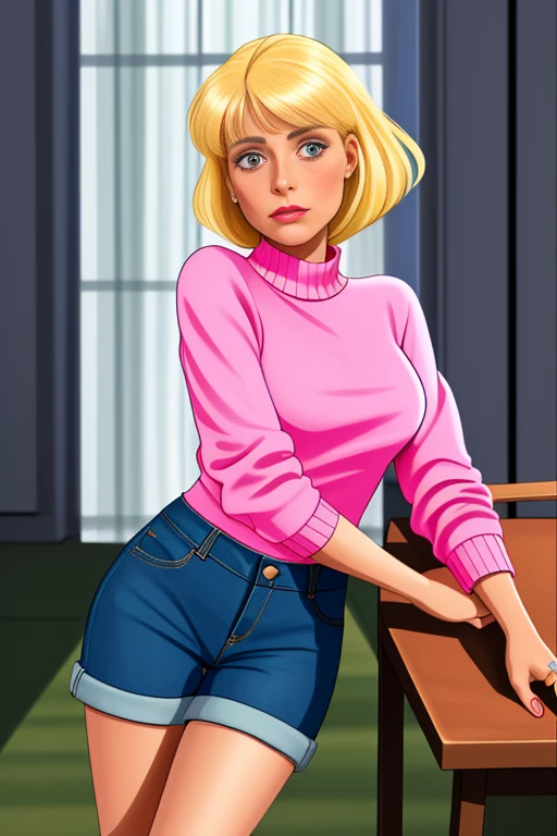 ingridsteeger, Blick auf den Betrachter, langes Haar, Dauerwelle, blaue Augen, blondes Haar, Schmuck, sitzend, grauer Hintergrund, feet, Jeansshorts, bauchfreier Pullover, Lippen,  Ring, realistisch, wedding Ring, pink Pullover,