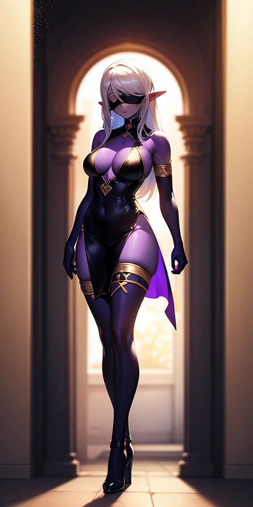 standing straight symmetrical, full body female drow elf slave wearing an adventurer outfit, black blindfolded, (very purple skin), lens flare, overexposure, bokeh, Masterpiece
