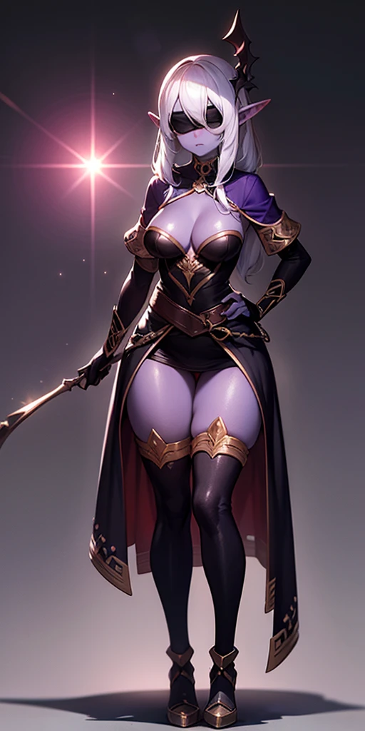 standing straight symmetrical, full body female drow elf slave wearing an adventurer outfit, black blindfolded, (very purple skin), lens flare, overexposure, bokeh, Masterpiece