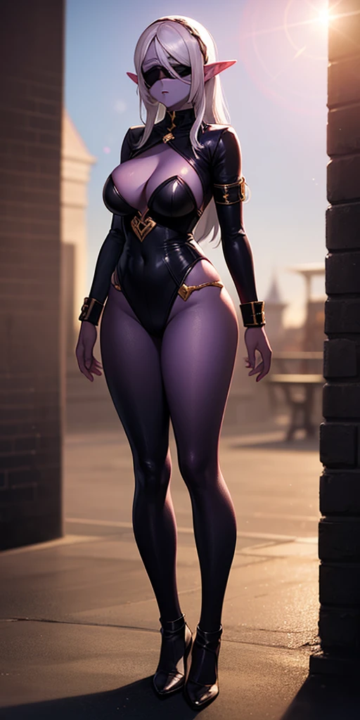 standing straight symmetrical, full body female drow elf slave wearing an adventurer outfit, black blindfolded, (very purple skin), lens flare, overexposure, bokeh, Masterpiece