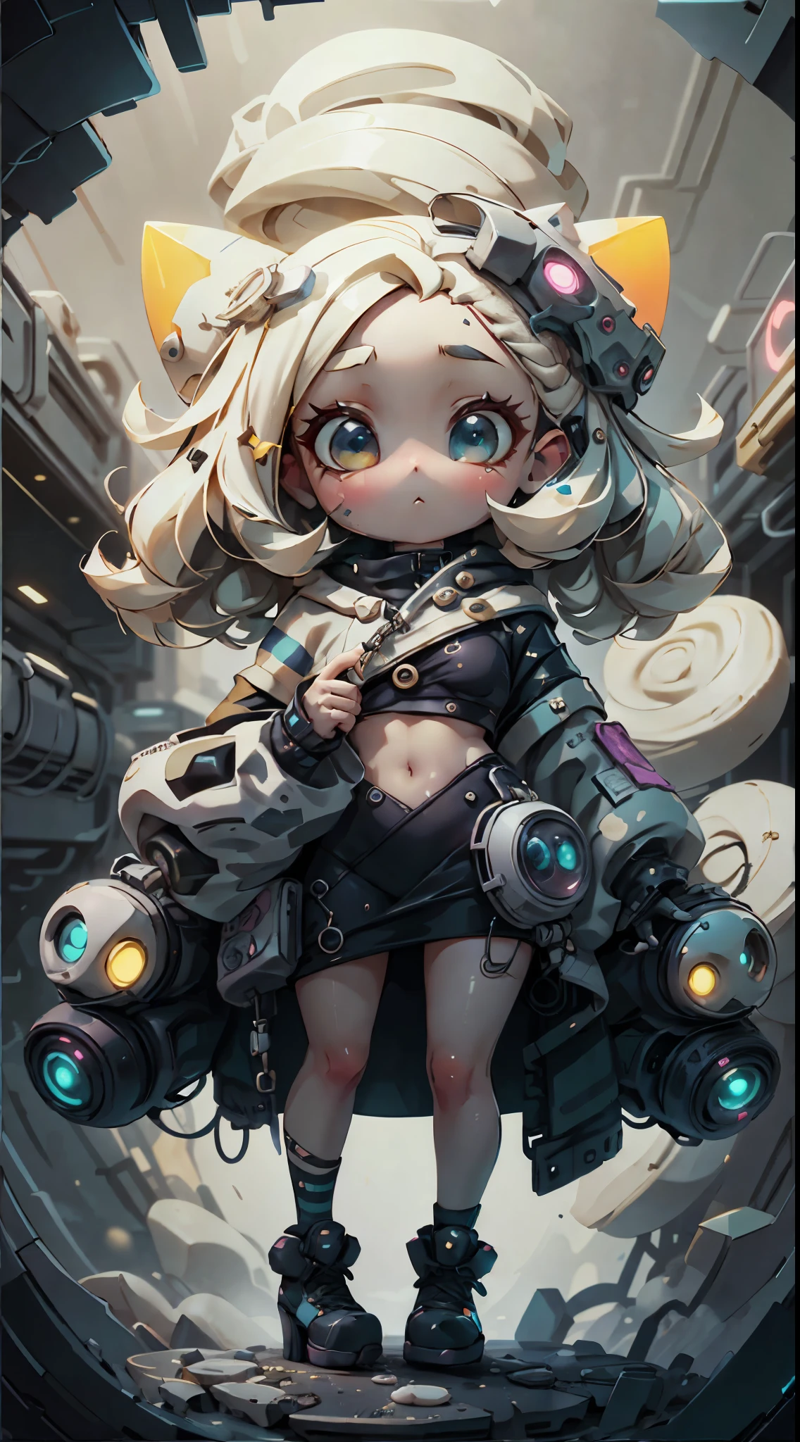 plastican00d, 1 girl, 《Chibi》cyber punk perssonage, luxurious fabrics, dither, Creamy texture,Profound, Striped background