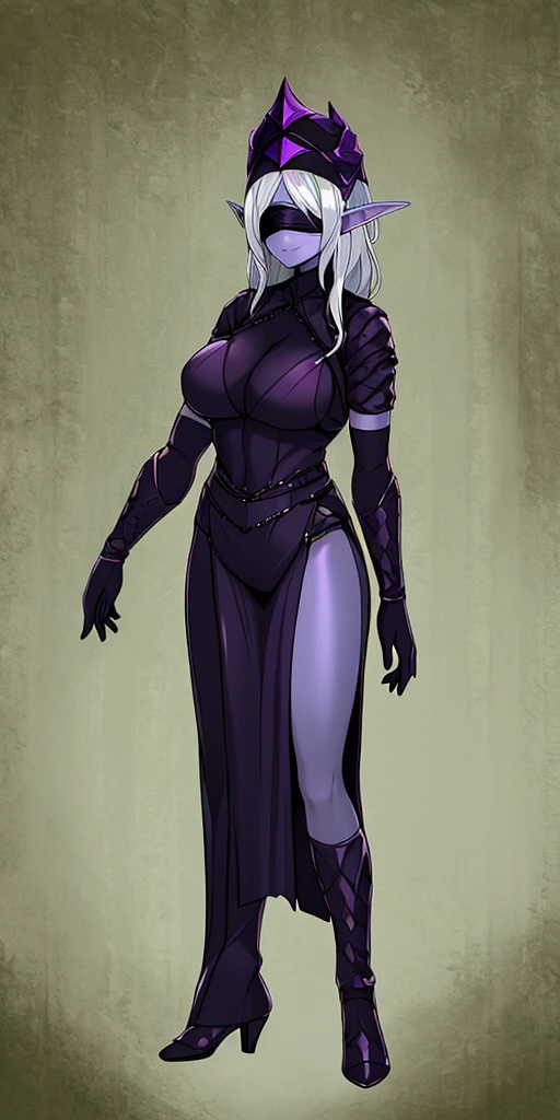 Masterpiece, standing straight symmetrical, full body female drow elf slave wearing an adventurer outfit, black blindfolded, (very purple skin)