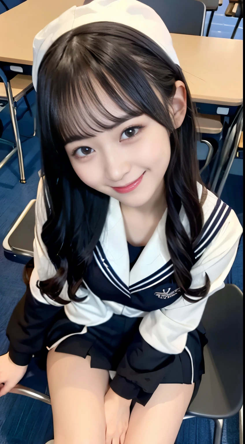 Woman in long-sleeved sailor suit sitting on a chair in a classroom and smiling
22 years old, long black hair, mini skirt,