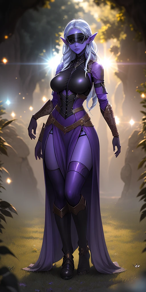 standing straight symmetrical, full body female drow elf slave wearing an adventurer outfit, black blindfolded, (very purple skin), lens flare, overexposure, bokeh, Masterpiece