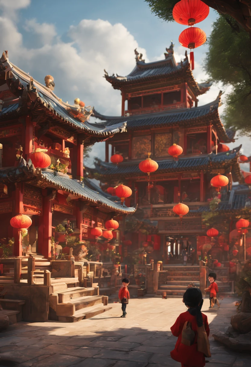 Ancient Chinese city,kids playing,((natta))themoon,The house is filled with Chinese New Year decorations((Horrible decoration))(((tmasterpiece))), ((Best quality)), ((intricately details)), ((hyper realisitc))(8K)