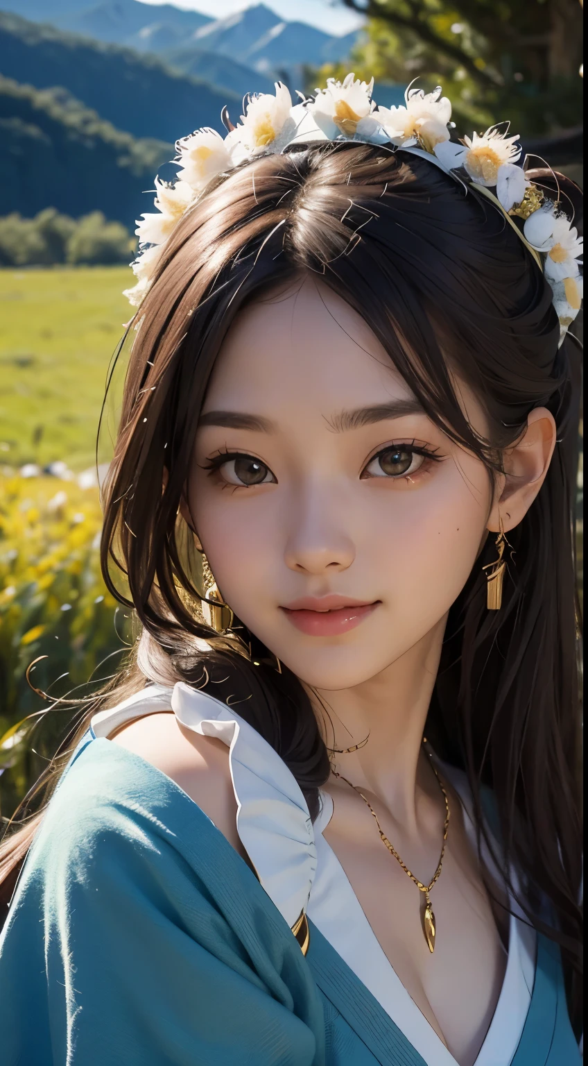 beautiful girl in a primitive costume like Himiko, front face, photo, an extremely delicate and beautiful, extremely detailed, Amazing, extremely detailed skin, (18 years old:1.2), cute girl, famous Japanese idol, kawaii, fair skin, shiny skin, chin thin, (smile:1.2), cute, young, extremely detailed nose, extremely detailed mouth, cute face, (realistic face:1.4), beautiful views, japan, nature, grass field, mountain, outdoors, blue sky