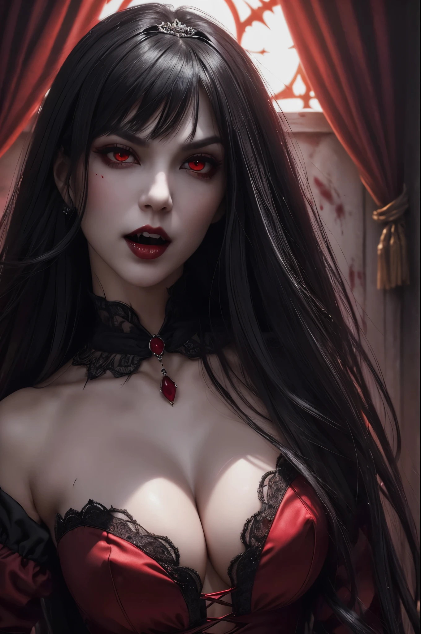 8K,(Sharp Focus：1.1） vampire queen,（(His mouth was covered in blood)）， Blood drop， Blood-stained hair， Ruby tiara， laced dress， Cleavage is seductive， Looking， dark shadow， Intensity， fanaticism， 8K， high quarity， intricate detailes， closeup cleavage， Glowing red eyes，You can see the vampire&#39;s big fangs,Emphasizes cleavage,Maniacalの笑顔の口から吸血鬼の牙,超A high resolution,super realistic skin,Maniacal,