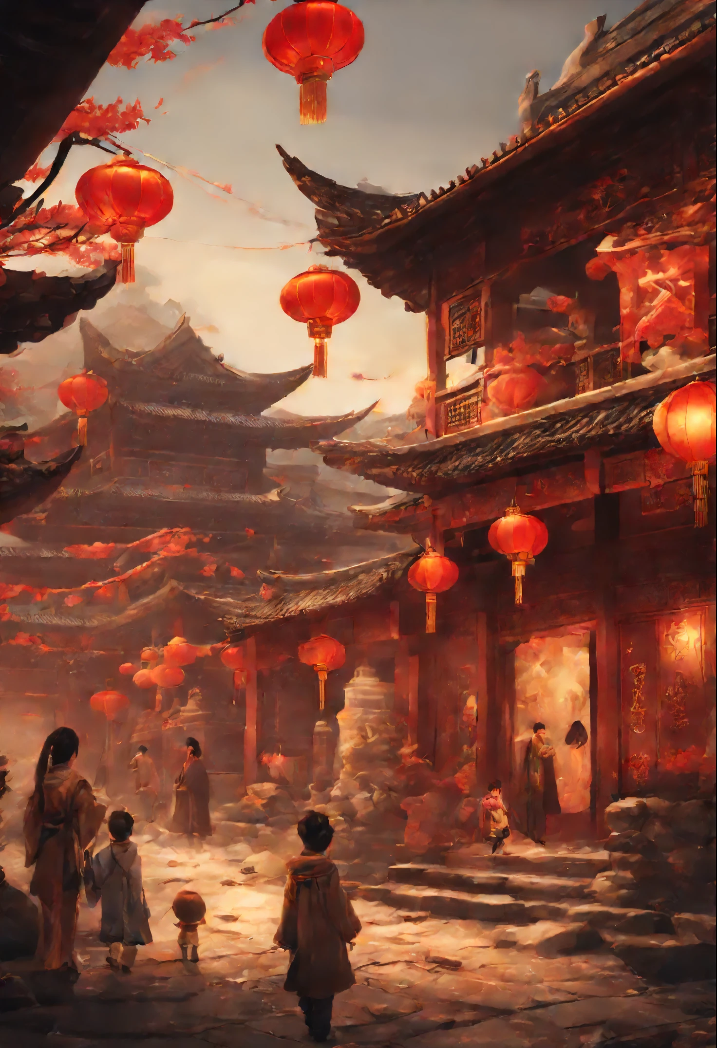 Ancient Chinese city，kids playing，（（natta））themoon，The house is filled with Chinese New Year decorations（（Horrible decoration））（（（tmasterpiece）））， （（Best quality））， （（intricately details））， （（hyper realisitc））（8K）