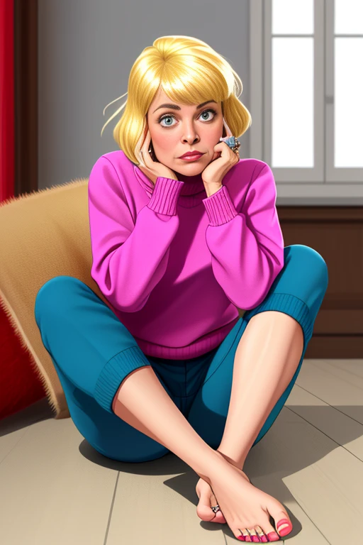 ingridsteeger, Blick auf den Betrachter, kurzes Haar, blaue Augen, blondes Haar, Schmuck, sitzend, grauer Hintergrund, feet, Pullover, Lippen,  Ring, realistisch, wedding Ring, pink Pullover,