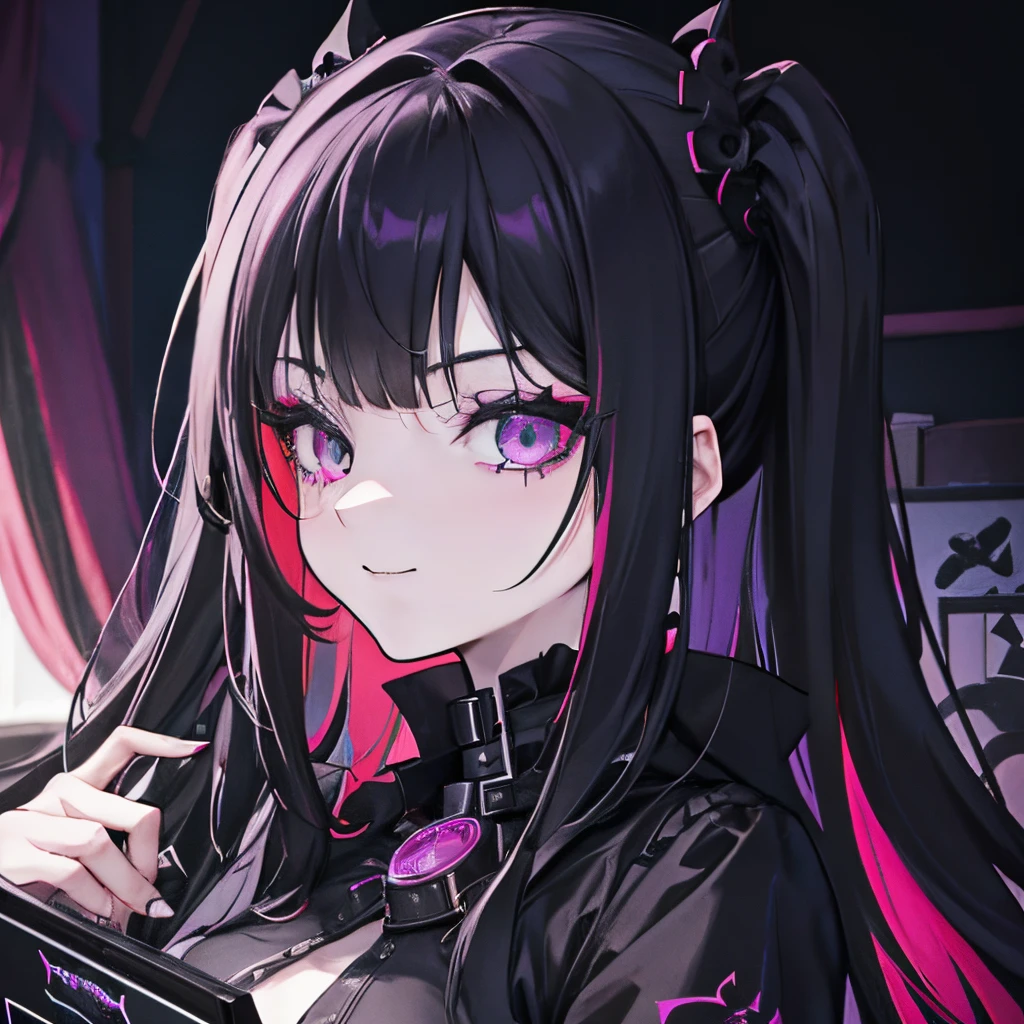 A goth girl in a bed,goth girl play game, cara de odio, sonrisa siniestra, pelo multicolor, ojos multicolor, Entorno de juego, detalles, proporciones perfectas, ambiente gamer, expresiones de odio, chica e girl gotica