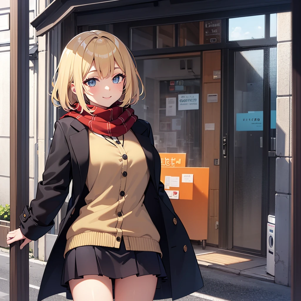 Masterpiece, solo, 1girll, smiling, scarf, coat, short skirt, short blonde hair, orange scrunchie,