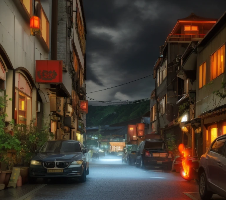 Feder village view，a lot of lights on the buildings，Dream China Town，China Village，Stunning wallpapers，surreal photo of a small town，old asian village，(The sky in the distance is covered with dark clouds)，Japan city，Raymond Han，rainy evening, Cyberpunk ancient Chinese castle, well-lit building, Late afternoon，in the rain, Beautiful and beautiful, photography of, 电影灯光,