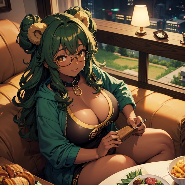 Dark Brown skin tanuki girl, dark brown skin, brown skin, african american, hazel eyes, green long hair, green space buns, curly green hair, 25 years old, chubby, curvy, fat, big butt, big breast, sitting on couch ,  girl, gold circle glasses , facing camera, explicit, bear hoodie, jean shorts, thigh high socks, collar on neck , grinning, cleavage showing, holding cigar, vfx, high def, best quality, high angle, atmospheric lighting, girly boy,