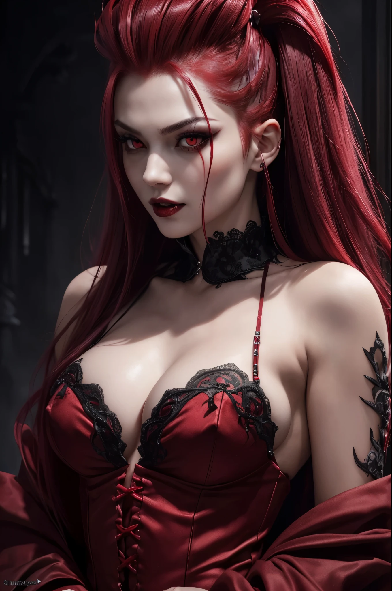 8K,(Sharp Focus：1.1） vampire queen,（(His mouth was covered in blood)）， Blood drop， Blood-stained hair， Ruby tiara， laced dress， Cleavage is seductive， Looking， dark shadow， Intensity， fanaticism， 8K， high quarity， intricate detailes， closeup cleavage， Glowing red eyes，You can see the vampire&#39;s big fangs,Emphasizes cleavage,Maniacalの笑顔の口から吸血鬼の牙,超A high resolution,super realistic skin,Maniacal,bright red mohawk hair,