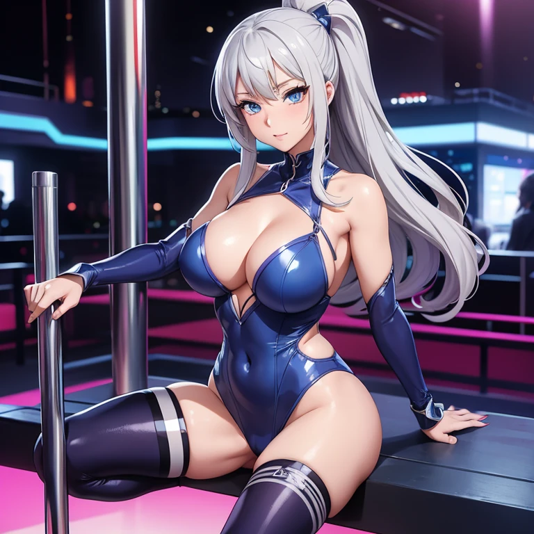 Anime style image of a woman with gray hair and blue eyes who is wearing a very tight erotic costume doing a lap dance on a pole inside a brothel