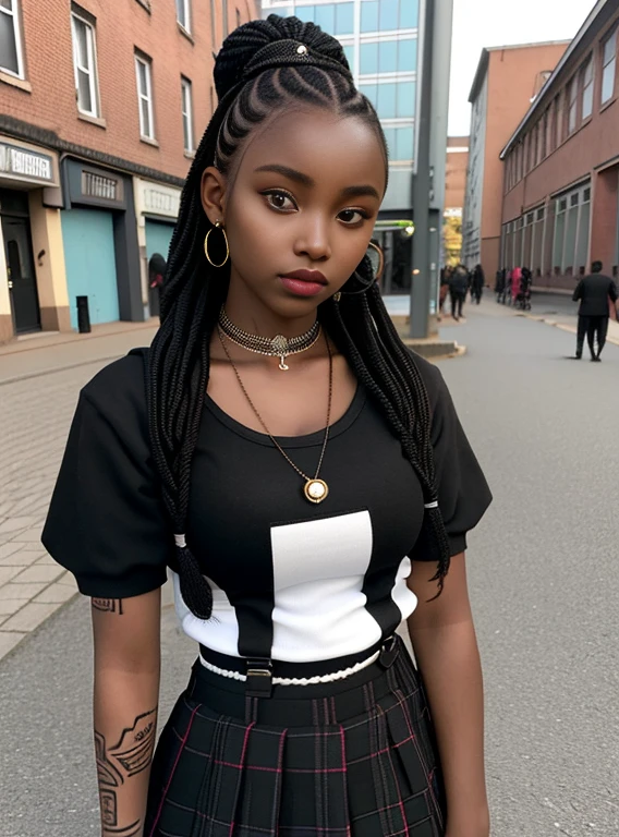 1girl in, Alter23, nur, Kolossale Titten, Photorealistic Beautiful Black Girl, African girl, Schoolgirl Outfit, Dunkle Haut, Kurzhaarschnitt, Ganzarm-Tattoos und Piercings, Spaltung, vollbusig, Petite close-up portrait hyperrealism, full entire body, in the middle of the street