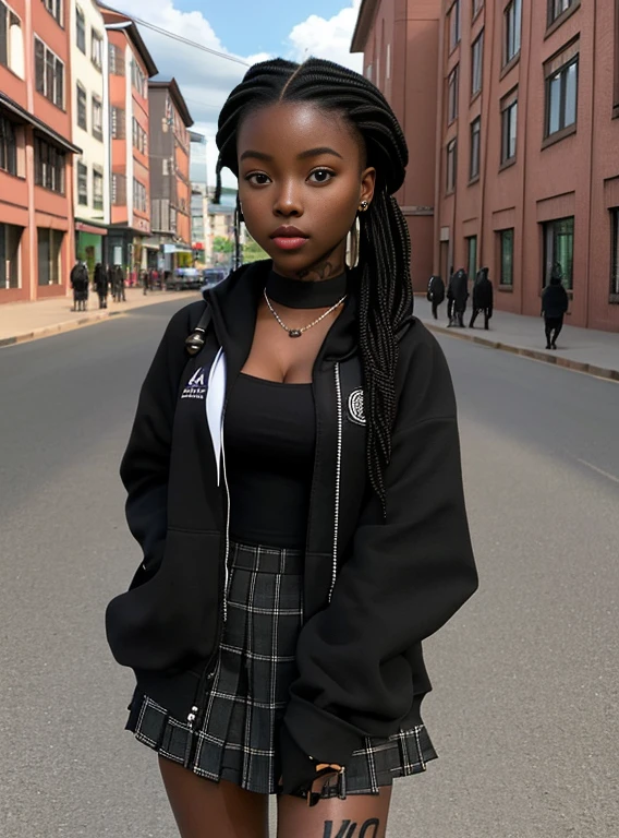 1girl in, Alter23, nur, Kolossale Titten, Photorealistic Beautiful Black Girl, African girl, Schoolgirl Outfit, Dunkle Haut, Kurzhaarschnitt, Ganzarm-Tattoos und Piercings, Spaltung, vollbusig, Petite close-up portrait hyperrealism, full entire body, in the middle of the street