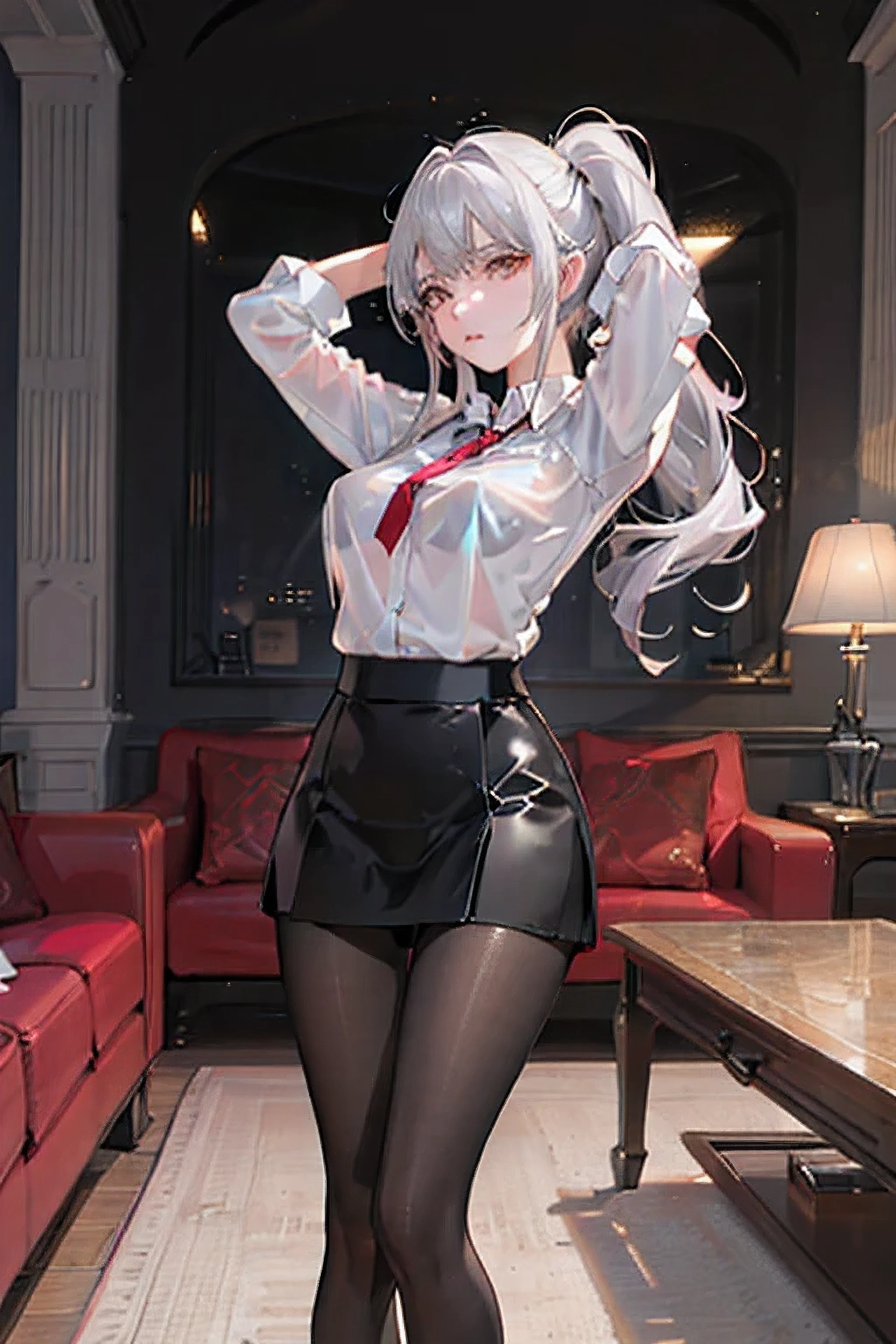 (((1 girl)),ray tracing,(dim lighting),[detailed background (living room)),((silver hair)),(silver hair)),(fluffy silver hair, plump and slender girl)) with high ponytail))) Avoid golden eyes in the ominous living room ((((Girl wears a white shirt, black wrinkled skirt with black transparent pantyhose), showing a delicate slender figure and graceful curves, correct limbs, hands behind the head, both hands behind the head