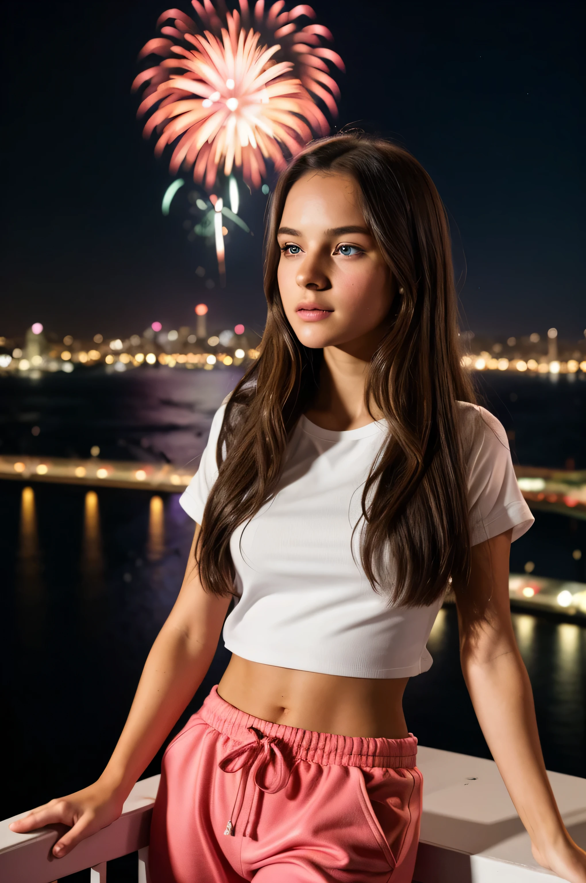 {there is a young girl watching some fireworks. she is beautiful, and attractive. she is wearing a white top and pink track pants. she has beautiful long brown hair, and beautiful hazel eyes. it is a new year celebration. there is fireworks of all colours. she is watching them from a balcony overlooking the sydney harbour.}, {best quality}, {{masterpiece}}, {highres}, {{{8k}}}, extremely detailed girl, {{{caucasian skin}}}, {{{detailed face}}}, {photo-realism}, {{perfect anatomy}}, sharp focus, {{{character{1 girl}}}}, solo, {{{{{sharp focus}}}}}, {{{detailed cloth texture}}}, {{{detailed skin texture}}}, {{{smooth lighting}}}, {{australian decent}}, {{18-years old girl}},