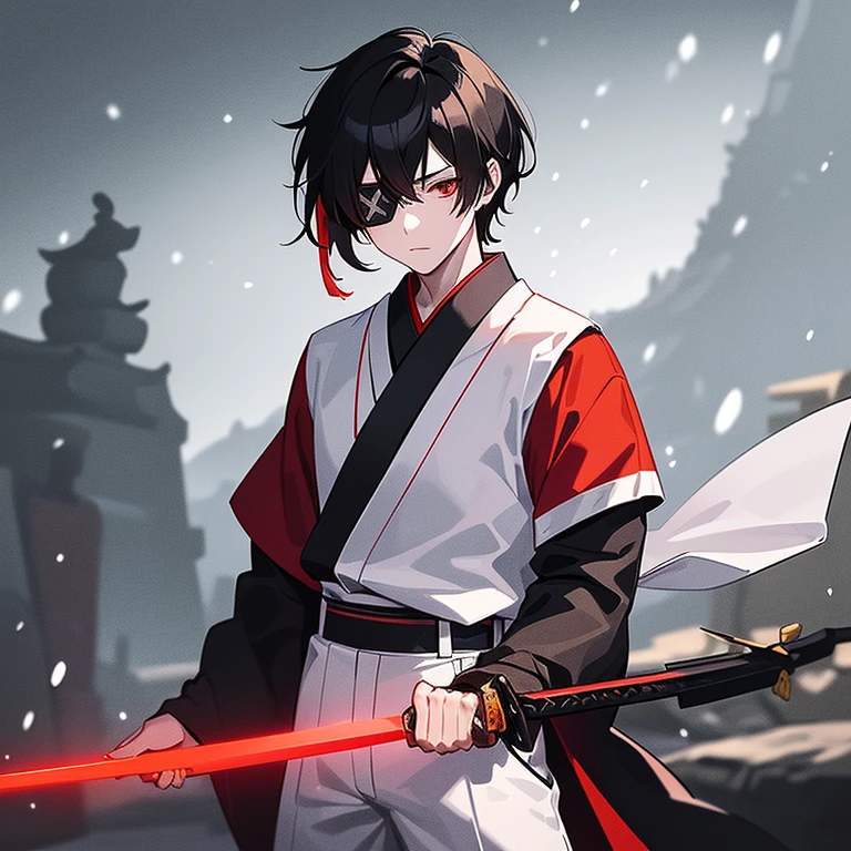 1 samurai with short black hair and red eyes wearing a eyepatch covering his right eye and a yellow straw hat wearing a white ancient Japanese shirt and black ancient Japanese pants, he is holding a red sword in his right hand, he is looking bored, he is standing on a stone bridge over a river while it is snowing