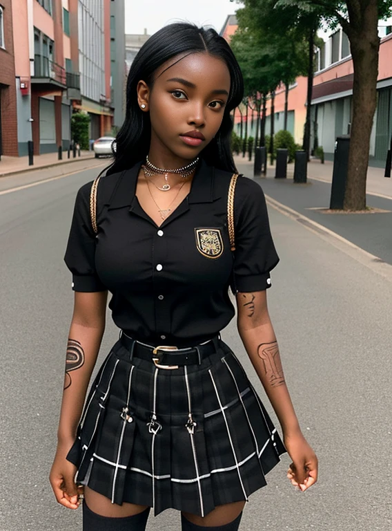 1girl in, Alter13, nur, Kolossale Titten, Photorealistic Beautiful Black Girl, African girl, Schoolgirl Outfit, Dunkle Haut, Kurzhaarschnitt, Ganzarm-Tattoos und Piercings, Spaltung, vollbusig, Petite close-up portrait hyperrealism, full entire body, in the middle of the street