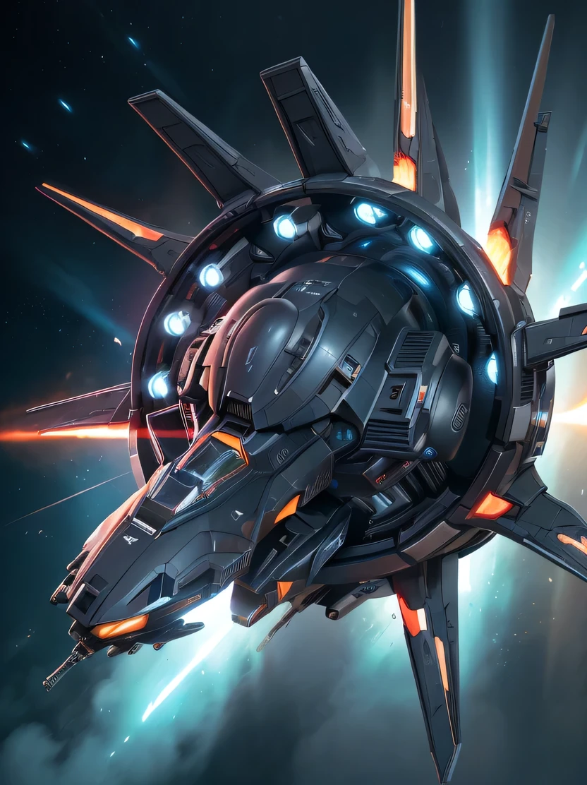 ((hightquality、hight resolution、masterpiece、foco nítido、lighting like a movie))、(((No humans)))、Official art、space fighters、greybackground、Gradient background、thrusters、Science fiction、vehicle focus、3DMM